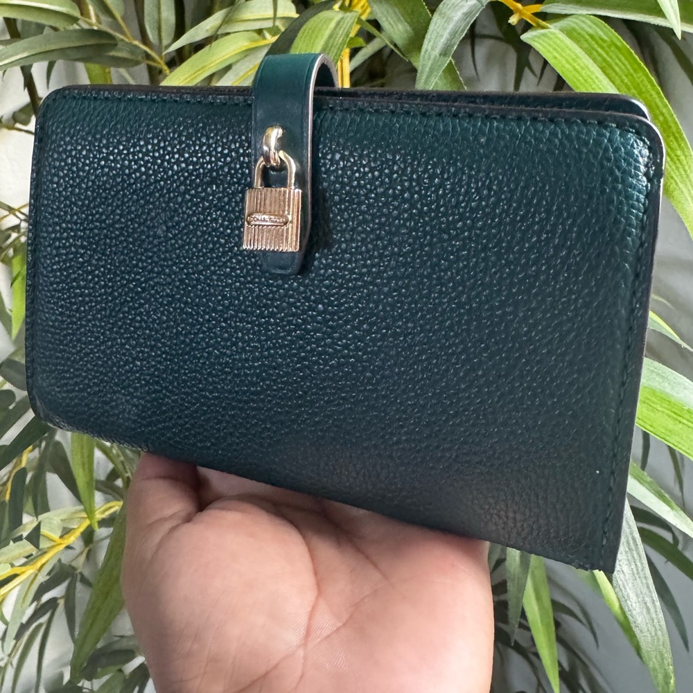 MK Pebbled Leather Wallet Clutch in Dark Green with Gold Accent